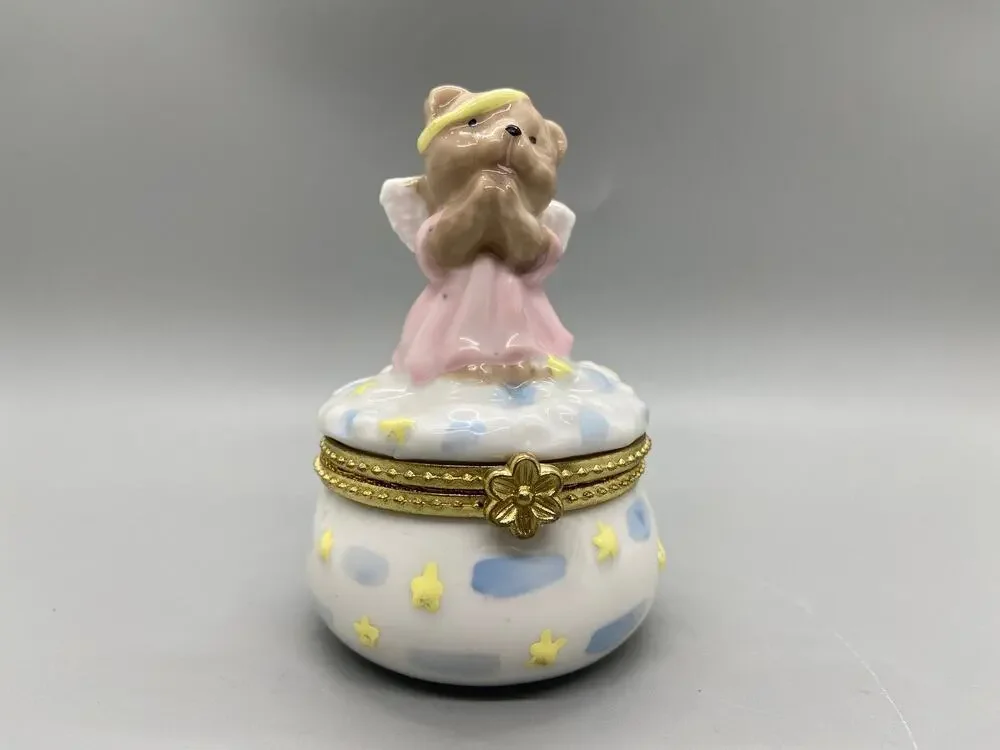 Porcelain Heavenly Teddy Bear Angel on a Cloud Trinket Box